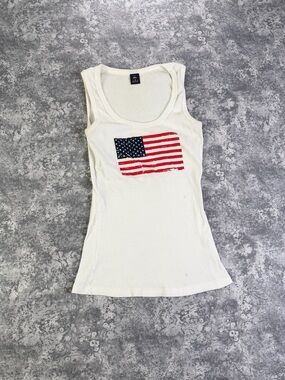 Vintage Y2K American Flag Graphic Ribbed Tank Top Scoop Neck M